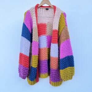 Saachi Rainbow Knitted Chunky Knit Crochet Oversized Sweater Colorblock Cardigan
